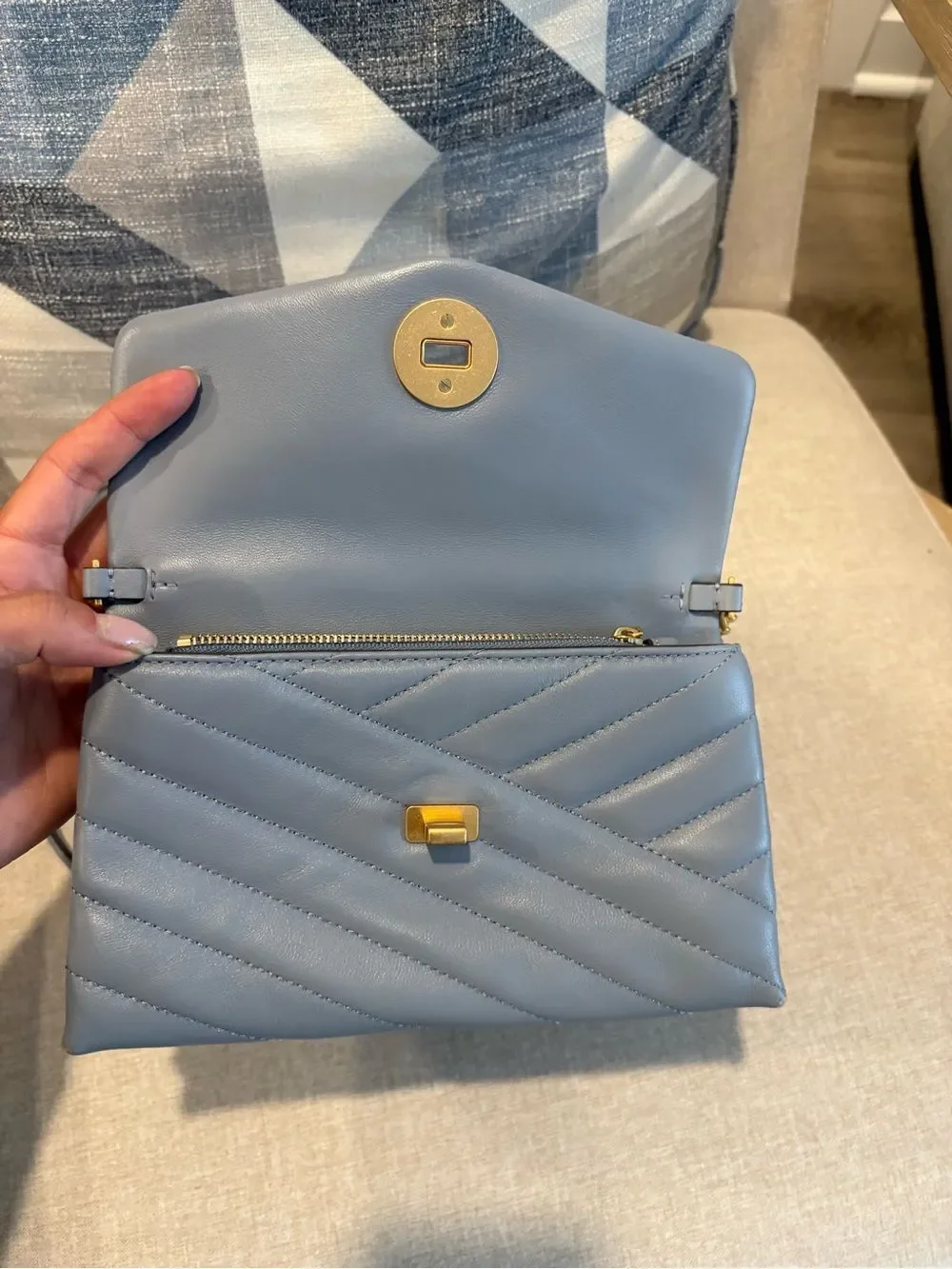 Tory Burch blue Chevron Quilted Leather Kira Wallet On Chain